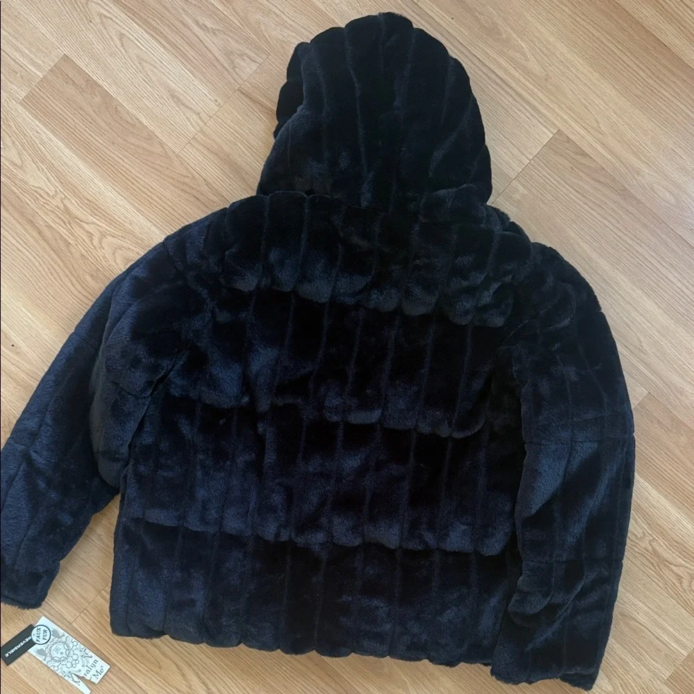 NWT Maralyn & Me Black Faux Fur Hooded Jacket Reversible Medium